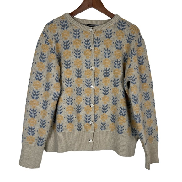 Dazy Cardigan Womens Size Large Blue Yellow Floral Knit Button Front Cozy Scandi - Picture 1 of 9